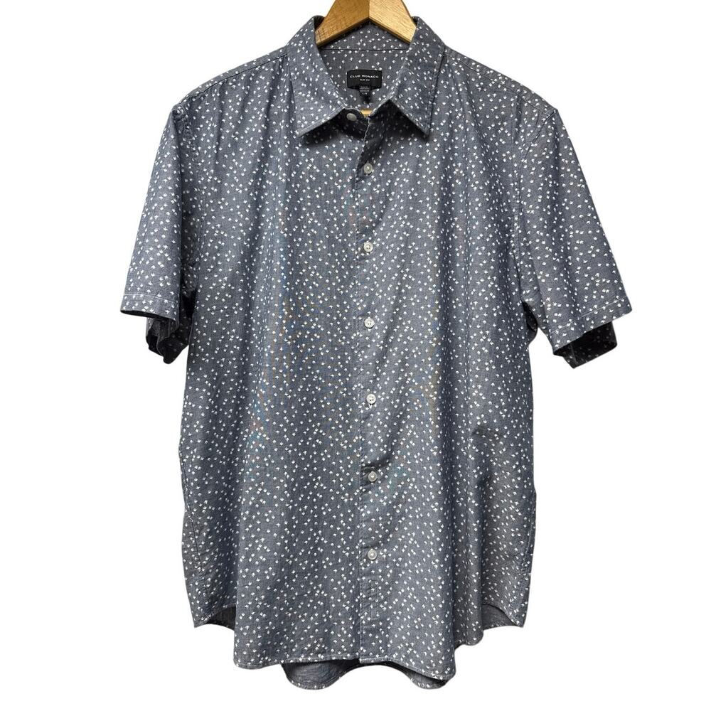 Club Monaco Men’s Size L Short Sleeve Shirt Gray Bird Print Button Up Slim Fit
